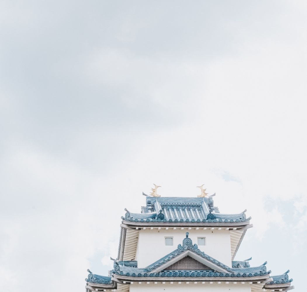 Traditional Japanese castle rooftop against a bright sky