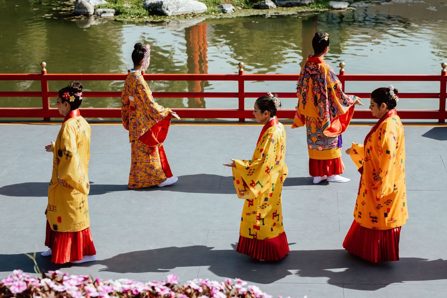 Traditional Japanese dance performance in flowing kimono