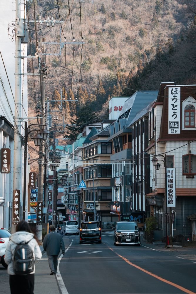 Scenic street view in a Japanese hillside town with mountains