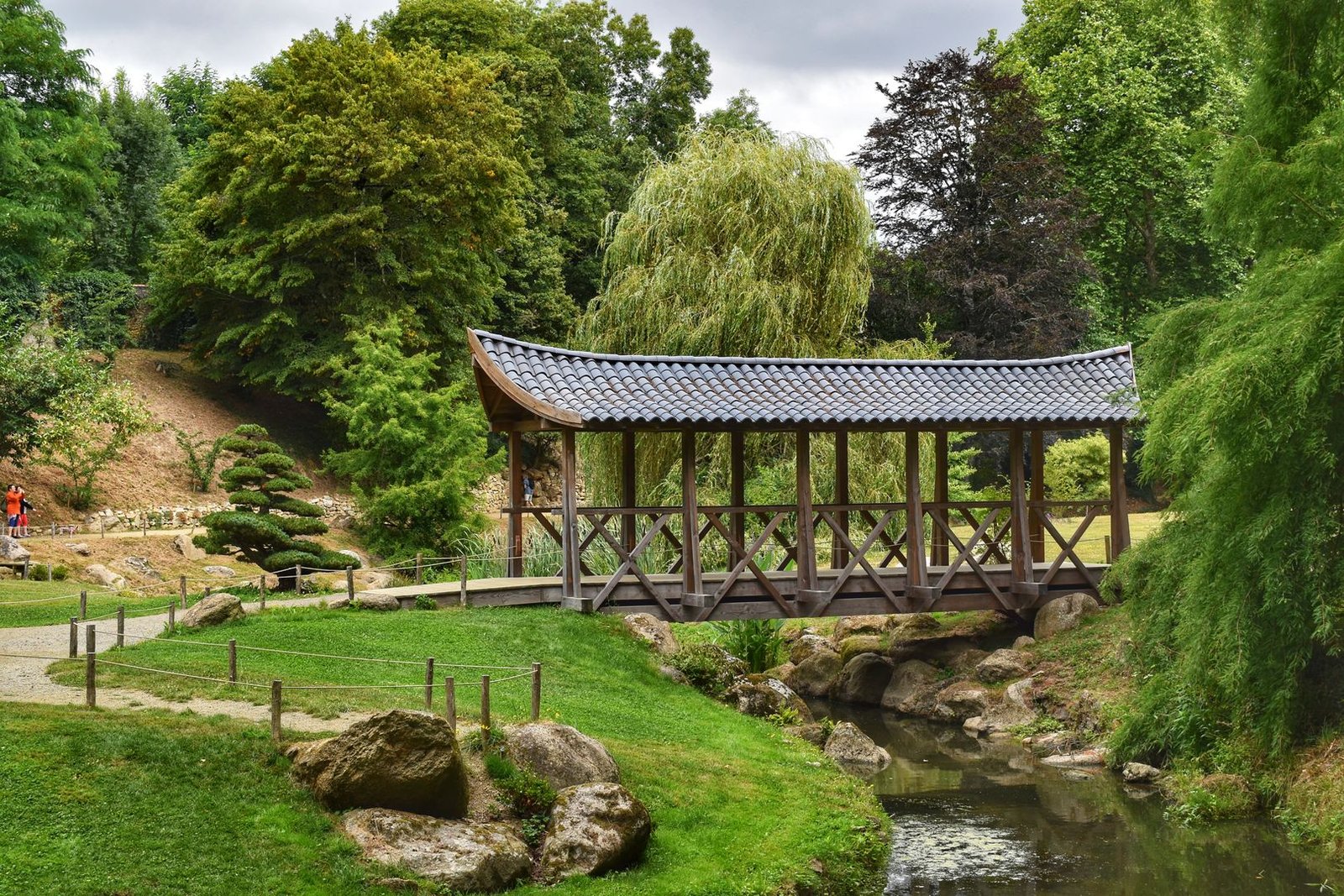 A red arched bridge over a pond in a Japanese garden