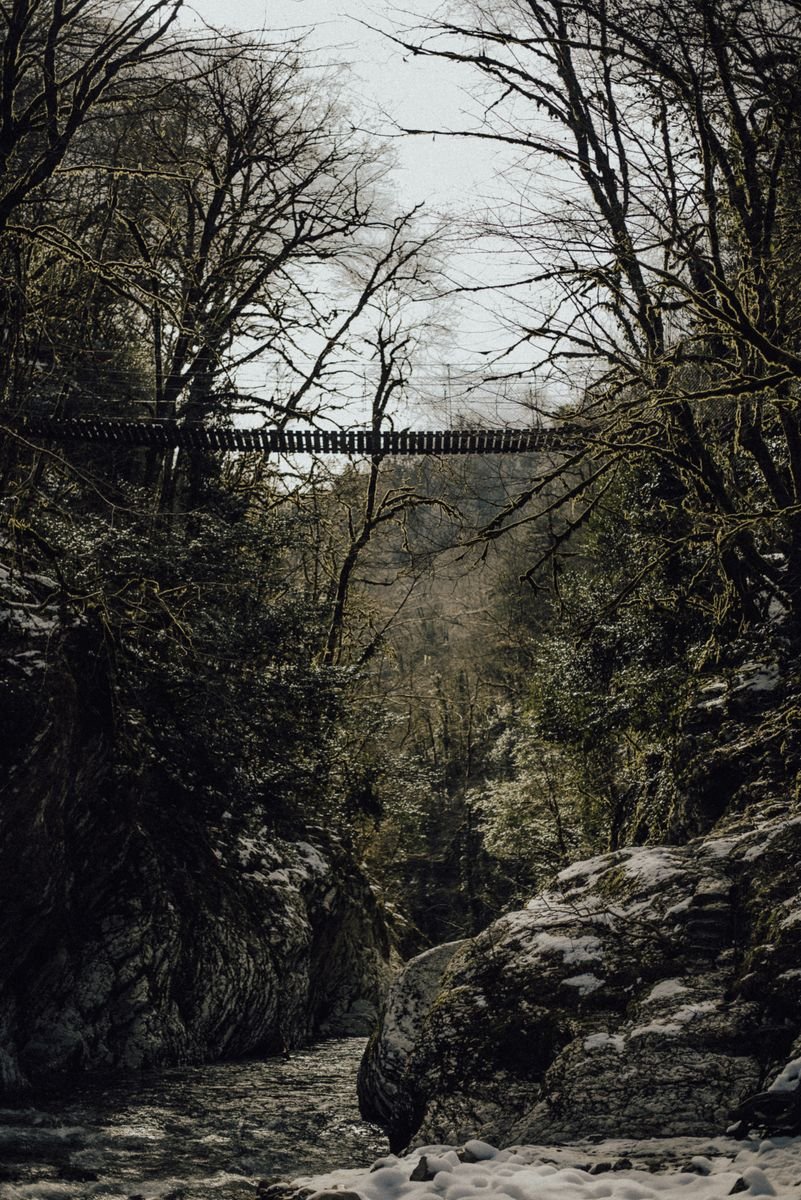Deep forested mountain valley and river gorge in rural Japan