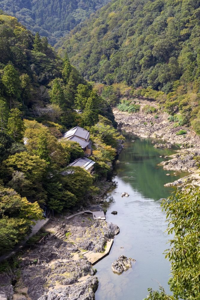 Tranquil river winding through a forested Japanese gorge