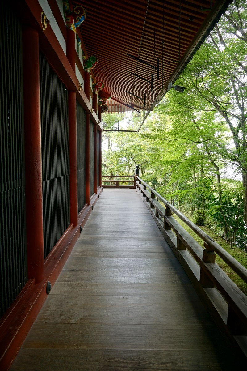 Traditional covered wooden corridor at a Japanese shrine