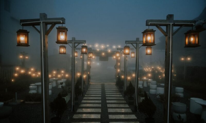 A misty lantern-lit stone pathway at night, evocative of the old moat-side slope of Kii-no-kuni-zaka in Akasaka, Tokyo