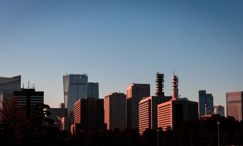 Tokyo skyscrapers and office towers at sunset near the Otemachi financial district