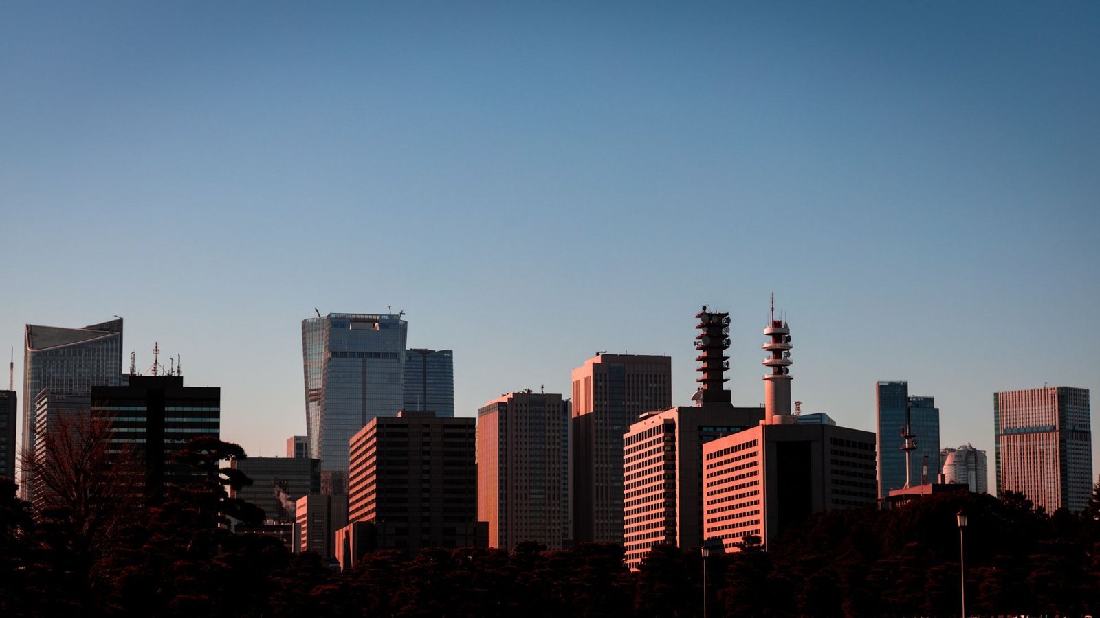 Tokyo skyscrapers and office towers at sunset near the Otemachi financial district