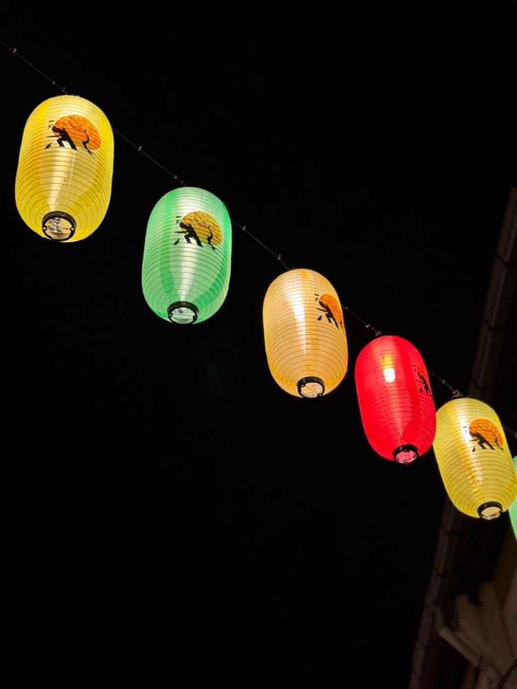 Colorful illuminated paper lanterns glowing against a dark night sky