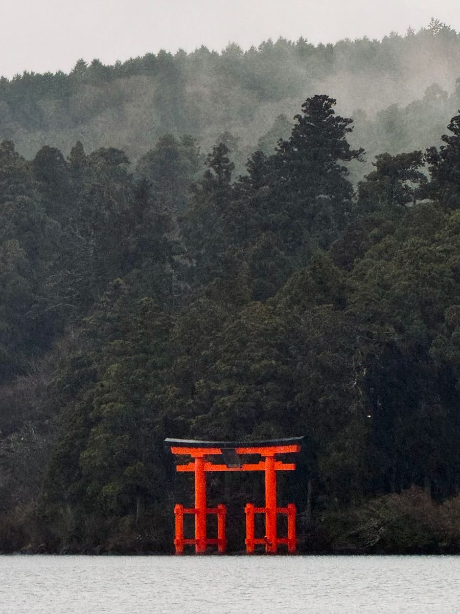 Torii gate at the edge of a misty lake in Japan