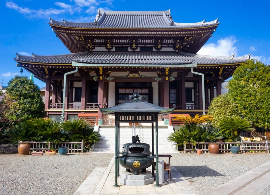 A traditional Buddhist temple courtyard in Japan
