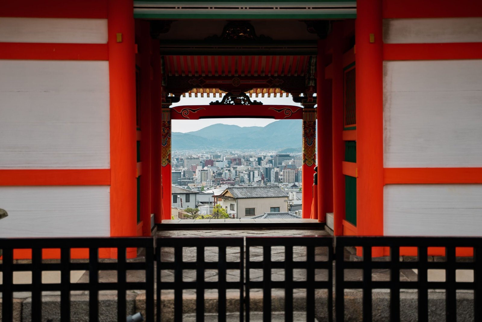 Large red temple gate in Kyoto
