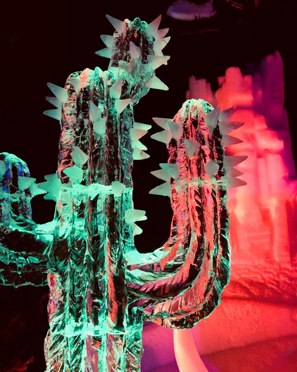 An ice sculpture illuminated at night