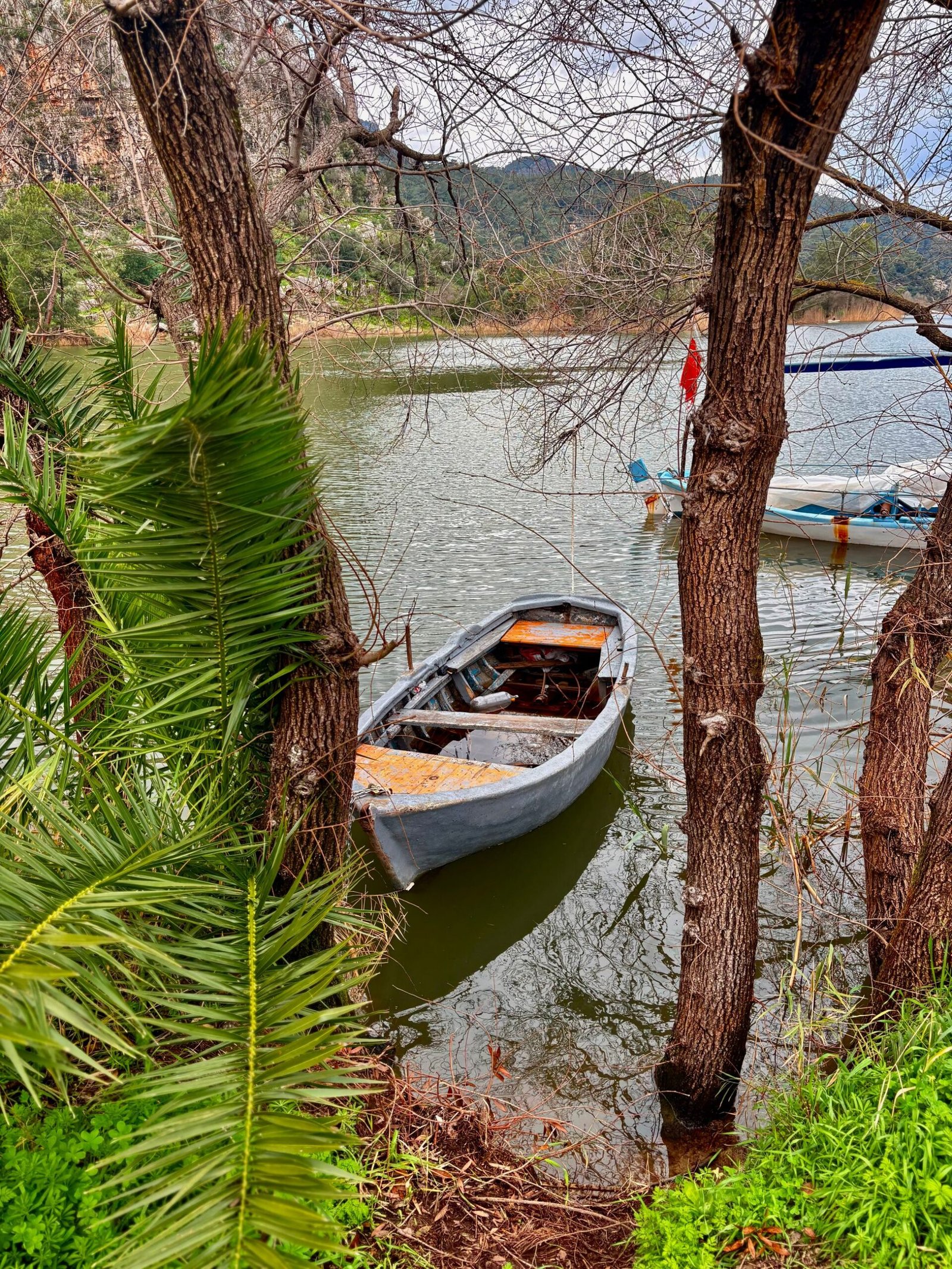A small wooden rowboat drifting on a calm, tree-lined river, similar to the boats used at Takachiho Gorge