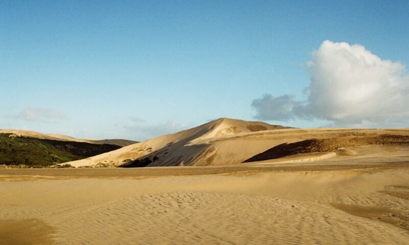 Vast sand dunes stretching beneath a clear blue sky