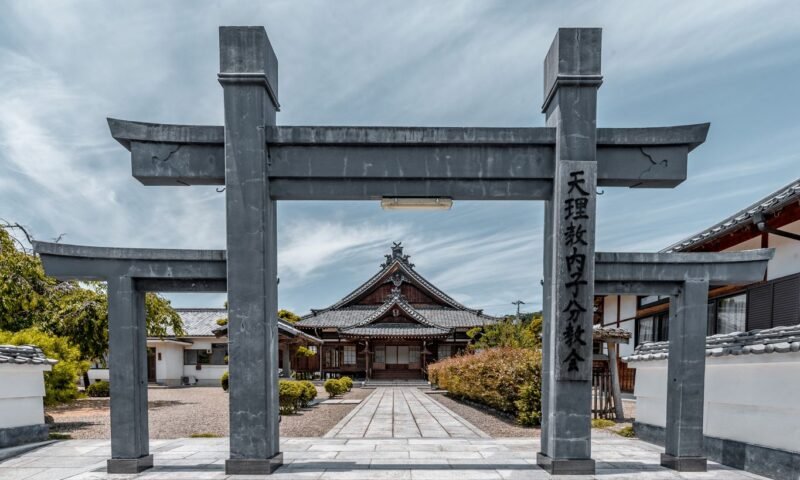 Torii gate entrance to a traditional Japanese temple complex